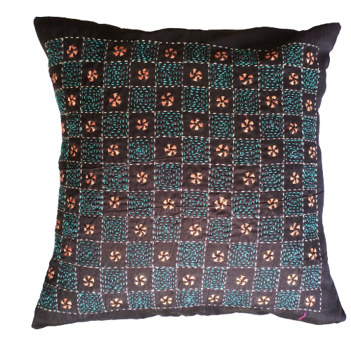 Handmade Embroidered Kantha Stitch Throw Pillow Cover Cotton Silk 